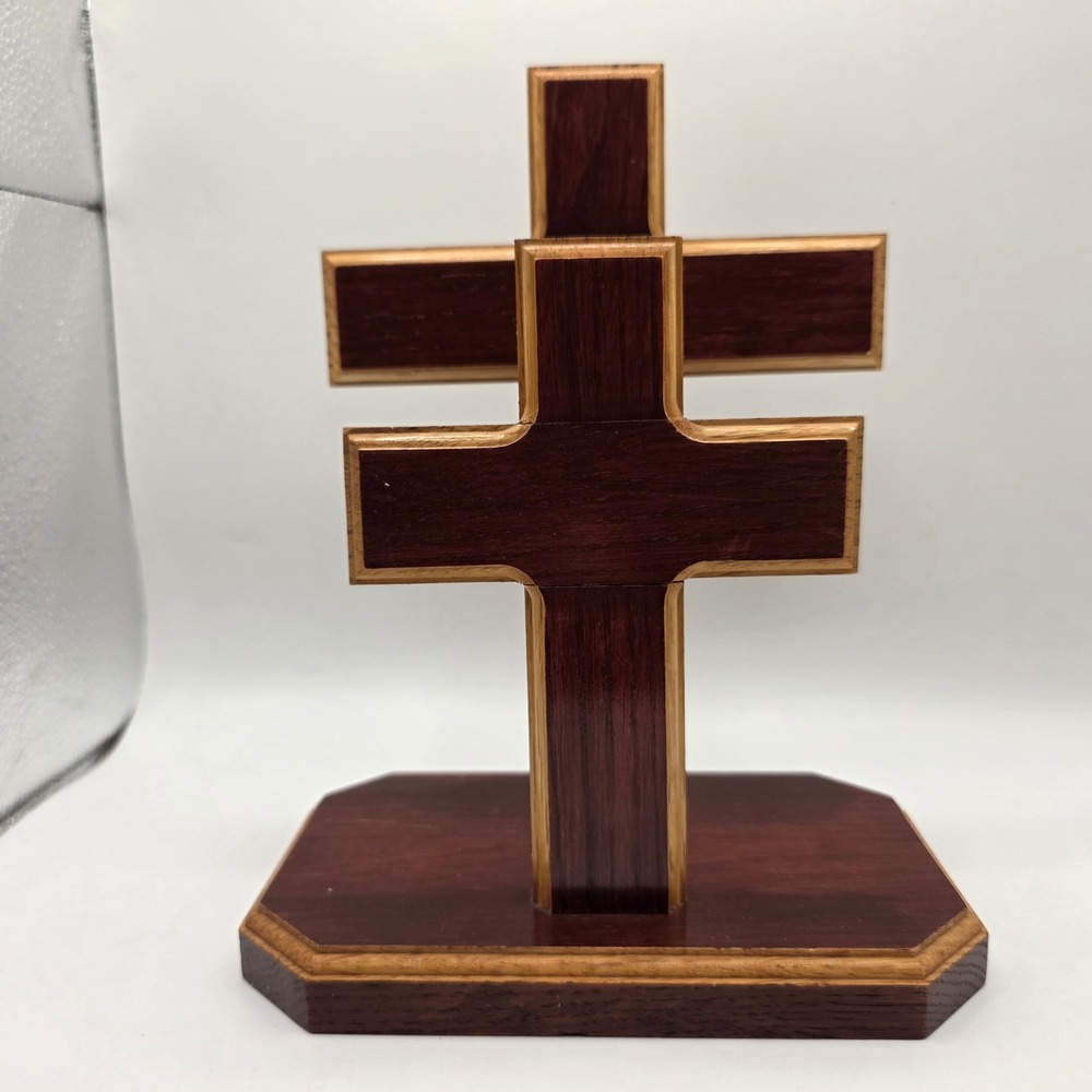 Handcrafted Wooden Double Cross Display Religious Decor Tiered Wood Altar Piece